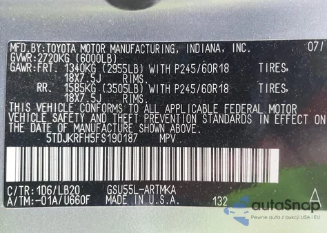 2015 Toyota Highlander Xle V6 z USA, uszkodzony, nr VIN 5TDJKRFH5FS190187